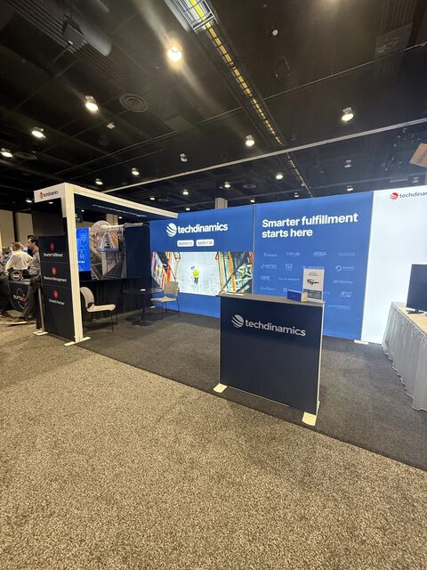 Techdinamics Booth 419 at PARCEL Forum ’26, with blue branded displays promoting smarter fulfillment.