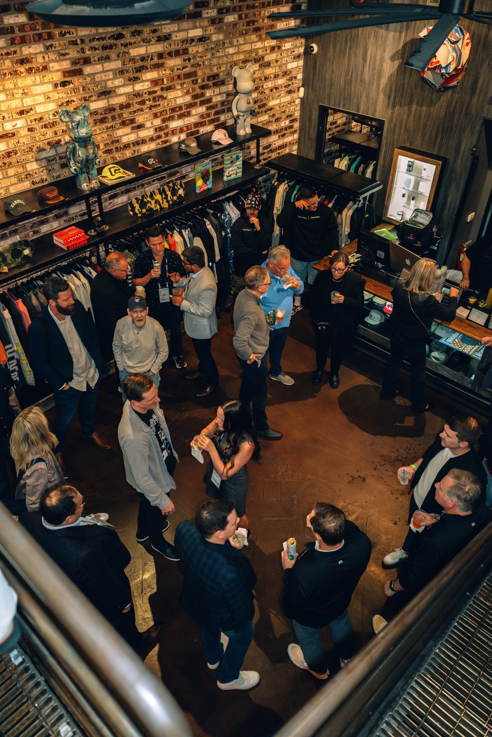 An aerial shoot of people at the Feature store