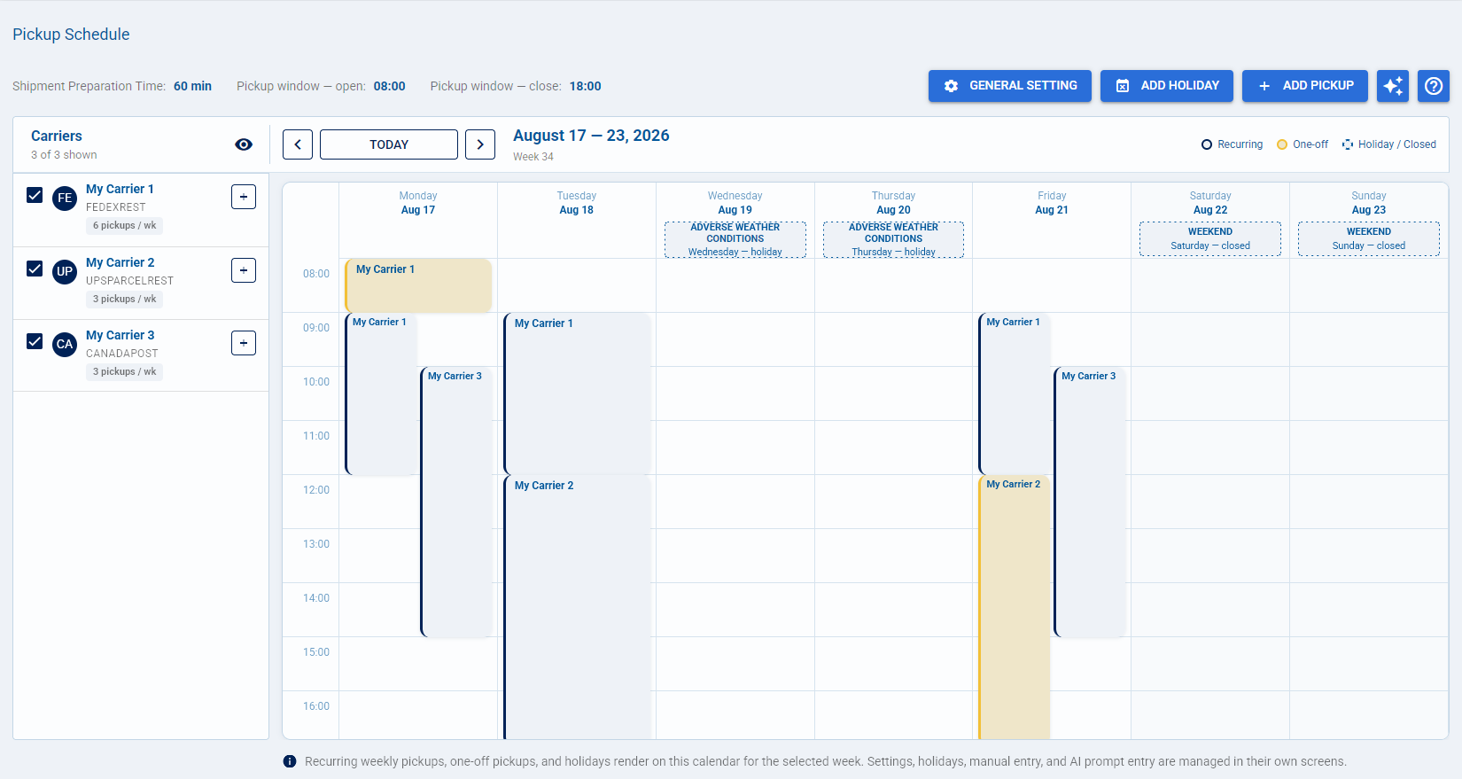 Screenshot of the techSHIP Pickup Schedule calendar showing recurring carrier pickups, a one-off pickup, and facility holidays across a weekly view.