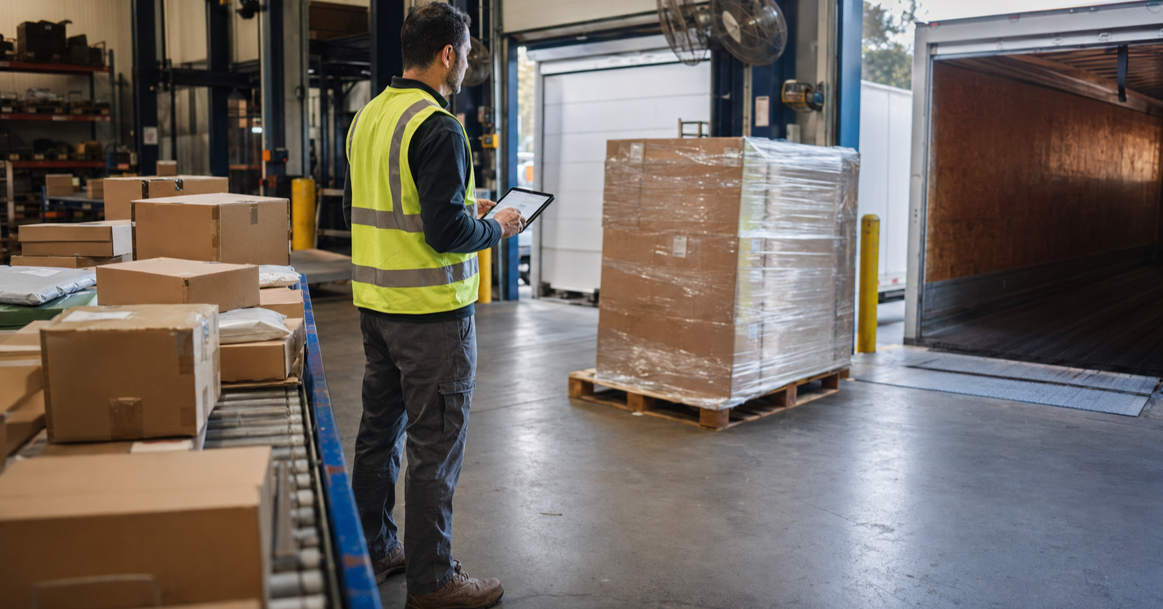 Warehouse professional comparing parcel and LTL shipping options at a loading dock.