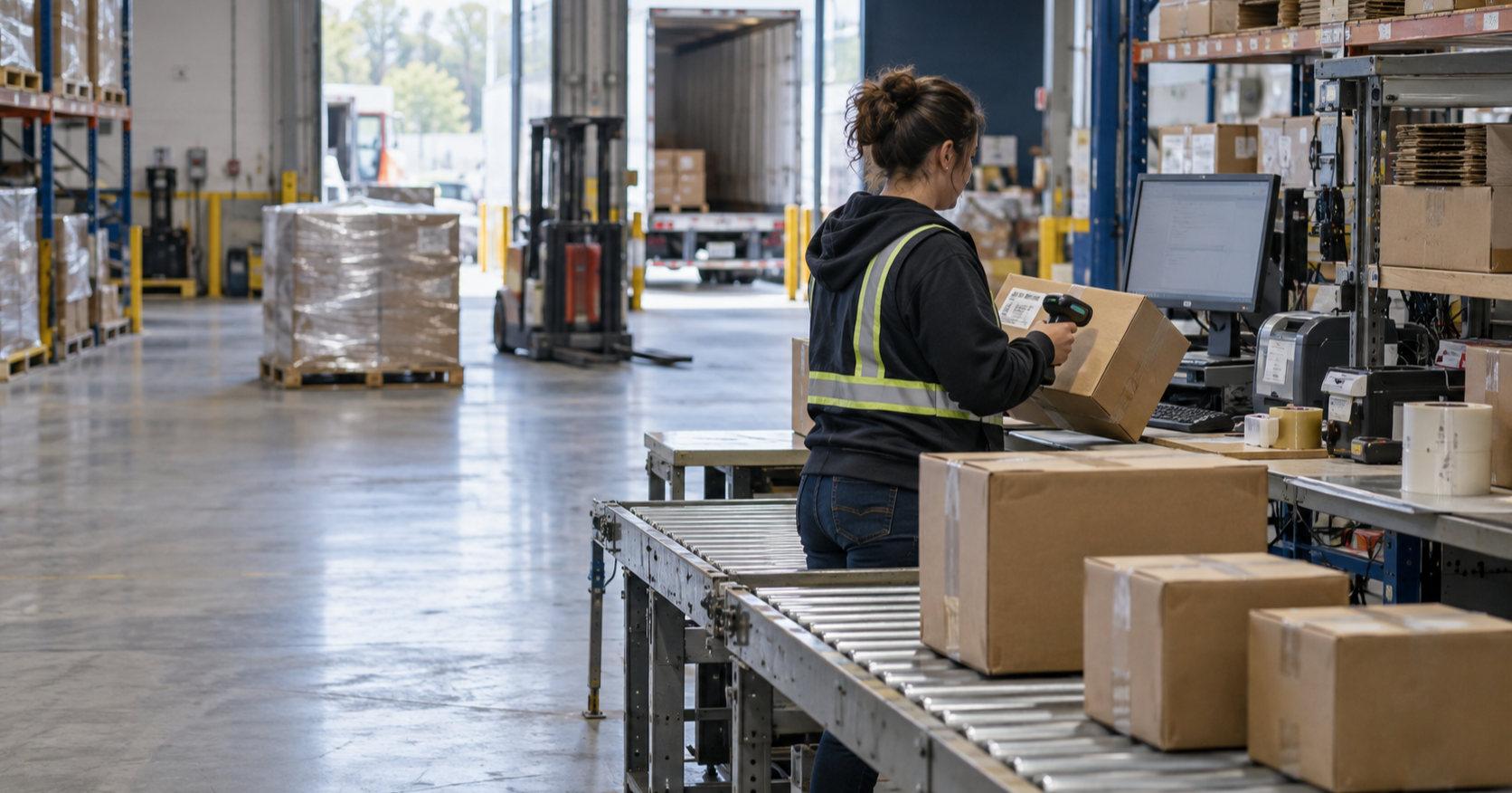 Warehouse associate scanning a parcel at a 3PL shipping station, with packed boxes and palletized freight nearby.
