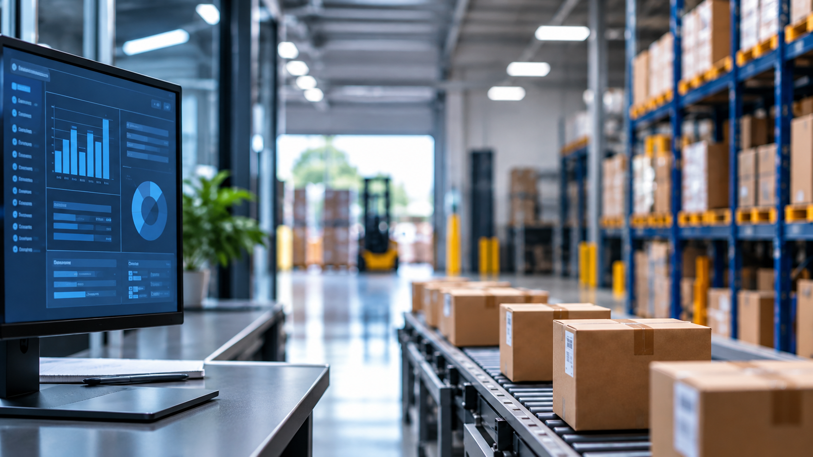 Order management dashboard beside packages moving through a warehouse fulfillment center.