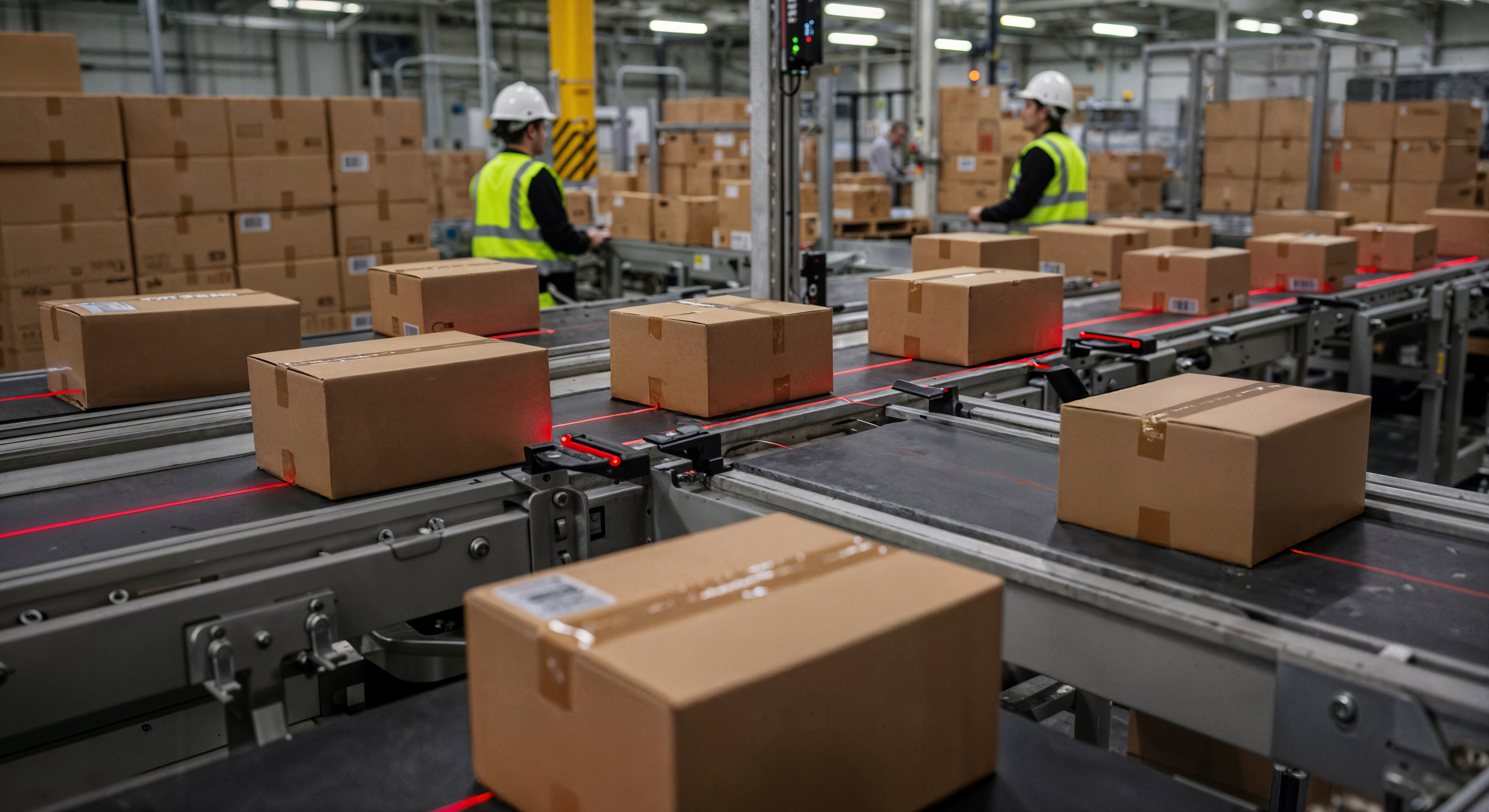 Automated warehouse conveyor system routing cardboard packages through fulfillment paths.