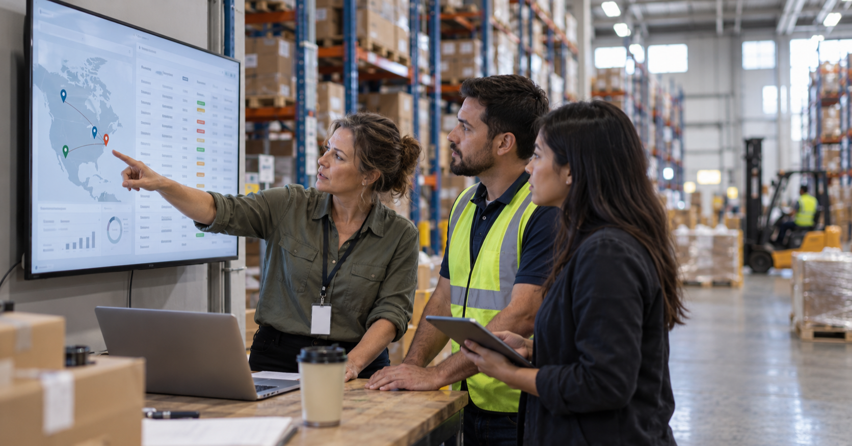 Operations team reviewing multi-location order routing on a warehouse dashboard with a map of North American fulfillment locations.